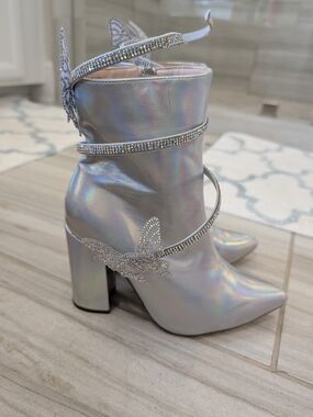 Chase& Chloe Women's Iridescent Ankle Boots with Rhinestone Butterfly Detail. 8